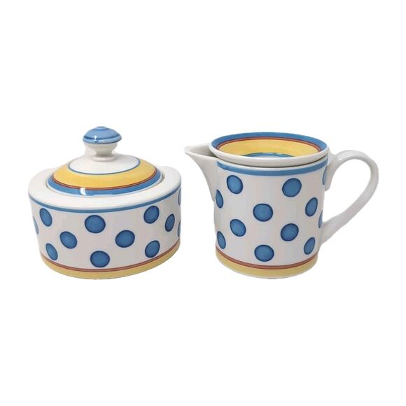 VTG Villeroy & Boch Twist Anna Cream Sugar Set With Lids White Blue Polka Dots - Picture 2 of 12